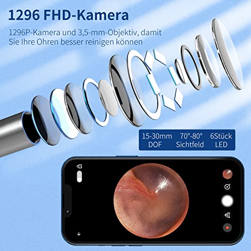 Ear Wax Remover, 1296P HD Otoscope, Ear Cleaner with Camera | 3.5 mm otoscope, IP67 waterproof, earvision app, 8 silicone attachments, compatible with Android smartphones