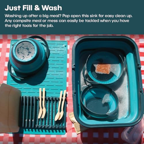 Adventure Ready collapsible portable sink for hiking, camping, and travel with a 16L capacity, ideal for outdoor flatware cleaning.