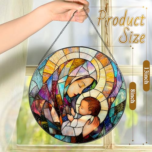 Baby Jesus and The Holy Mother Mary Sun Catcher, 8 Inch Stained Glass Window Hanging, Stained Glass Decor, Christian Home Decor, Christian Gifts for Women, Religious Gifts for Women Virgin Mary