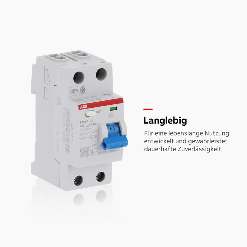 ABB Residual-Current Circuit Breaker 40 °F202A-40/0.03 | FI-Schalter zur Hutschienenmontage - Zuverlässiger Brandschutz durch 0,03A Differenzstrom Industriequalität 2CSF202101R1400 White Single pack