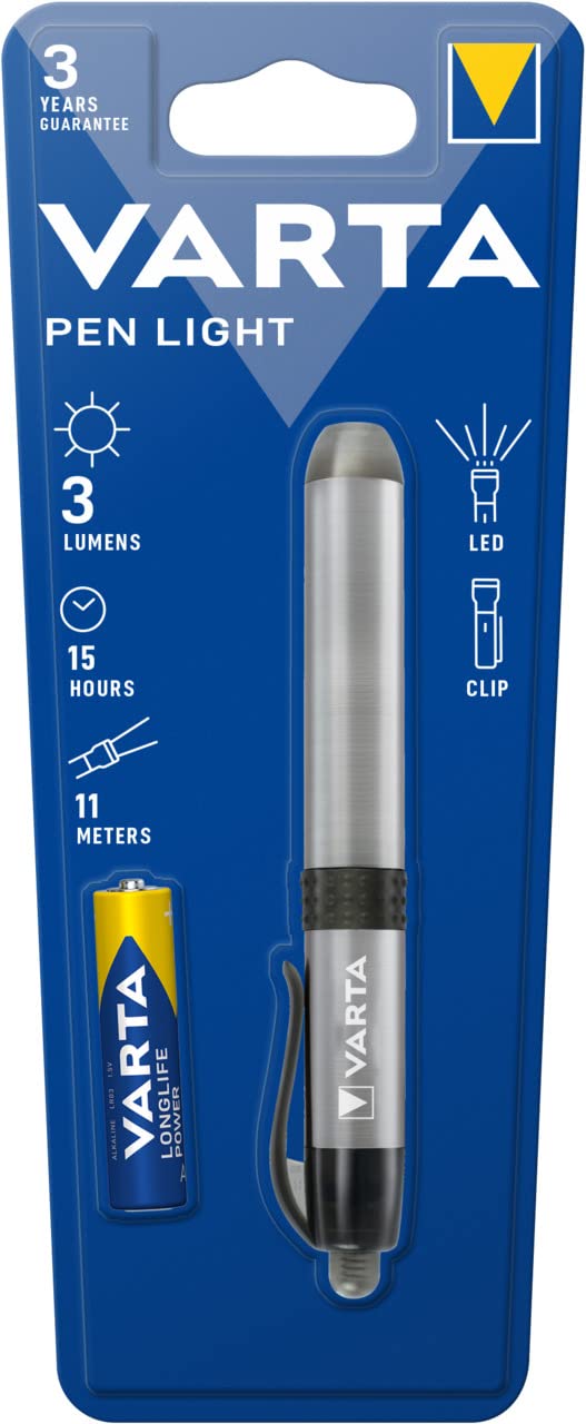 Varta LED Diagnostic Light with 1 x AAA Battery, Pen Light, Pupil Light, Extremely Slim and Lightweight Pen Torch, for Use in Hospital, Old People's Home, Doctor's Practice, Silver 5 mm LED pen light + 1 x AAA high energy (pack of 2)