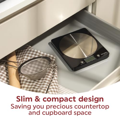 Salter 1036 BKSSDR Digital Kitchen Scale – Cooking & Baking Scales for Food Weight, Stainless Steel Weighing Platform, 5KG Capacity, Tare Function, Large LCD Easy Read Display, Measure Liquids, Black