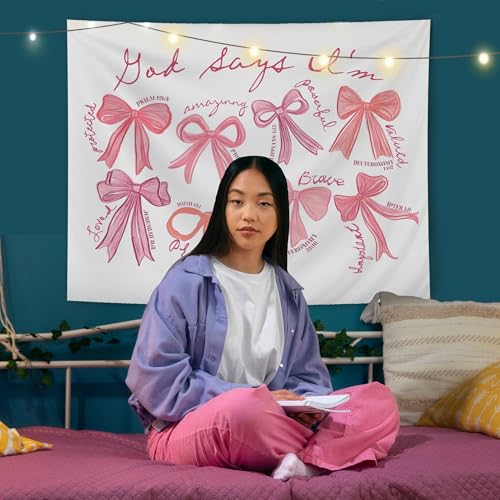 AQYIP Coquette Pink Bow Christian Tapestry, God Says I Am Motivational Bible Verse Tapestry, Pink Girly Christian Wall Blanket Decor for Girls Room Dorm Apartment, 50x60 Inch 4 - god says i am