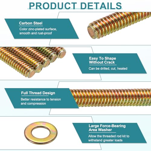 uxcell 12Pcs Fully Threaded Rod, 5/16" UNC x 4-1/2" Length Zinc-Plated Carbon Steel Fully Threaded Studs with Nuts and Washers for Clamps, Hangers and U-Bolts, Color Zinc 5/16"x4-1/2" 12