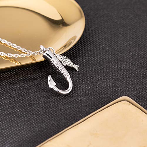 Gredstar Fish Hook Urn Necklace for Ashes, Fishing Memorial Keepsake Silver