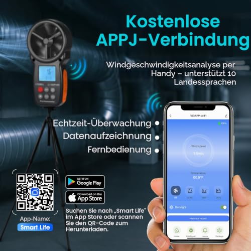 Smart Anemometer Wind Gauge with Record, WiFi App Connection & Control, Wind Meter for Monitoring Wind Speed, Temperature for HVAC, Drone, Surfing, Fishing