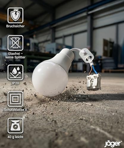 Jäger 5x LED Construction Light Bulbs, Construction Site Lamp, Construction Lamp, Renovation Lamp, Replaces E27 Socket & Lamp Holder E27 with Cable, 10 W, 4000 K Neutral White, Shatterproof 5