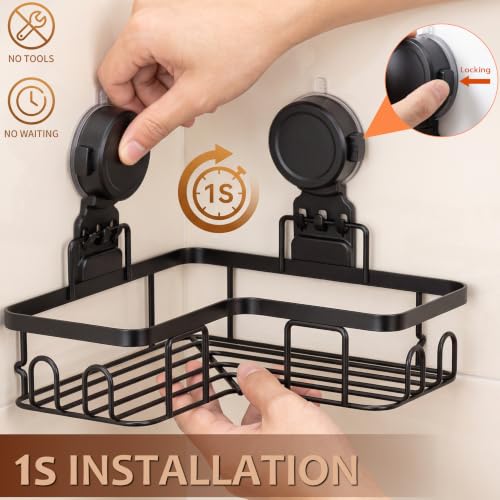 Moforoco Corner Shower Caddy Suction Cup, No Drilling Stainless Steel Shower Shelves, Portable/Movable Large Suction Cup Shower Organizer with Hooks Bathroom Storage Rack(Black)