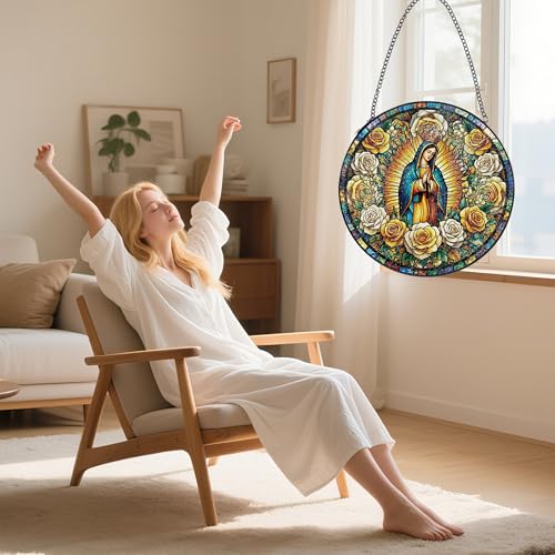 Virgen de Guadalupe Crowned Yellow White Roses Stained Glass Suncatcher Guadalupe Yellow White Roses