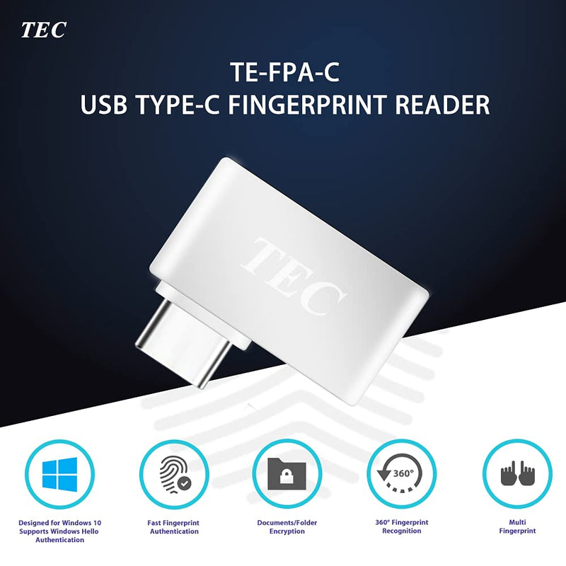 [Australia - AusPower] - TEC Type-C Fingerprint Reader for Windows 10 Hello, TEC TE-FPA-C Bio-Metric Fingerprint Scanner PC Dongle for Password-Free and File Encryption, 360° Touch Speedy Matching Security Key 