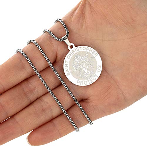 St Christopher Necklace Saint Michael George Barbara Pendant Women Men The Seal of The Seven Archangels Charm Chain Religious Medal Medallion Disc Jewelry Christian Gift St Christopher-055S