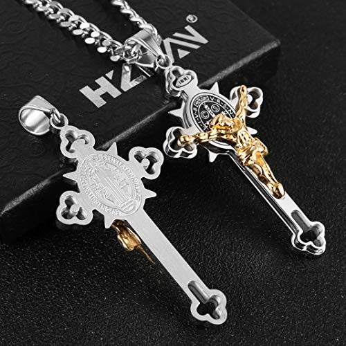 HZMAN Stainless Steel St. Benedict Crucifix Cross Necklace for Men Large Silver & Gold