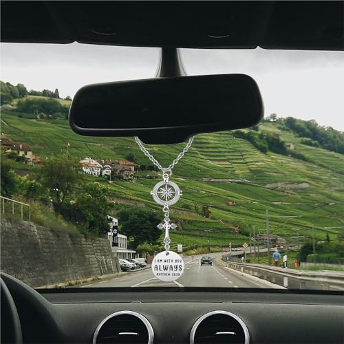Cross Car Charm - 'I Am With You Always' Matthew 28:20 - Rear View Mirror Religious Gift for Women - Easter, Christian, Protection