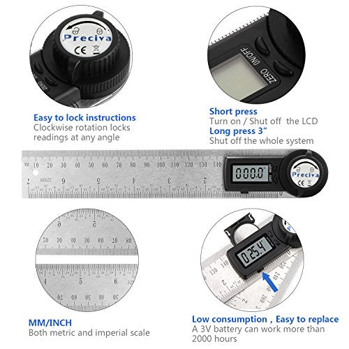 Preciva Protractor, Digital Angle Protractor with Locking Function, Measuring Range: 000.0~999.9°, Stainless Steel Ruler for Woodworking and DIY, 400 mm