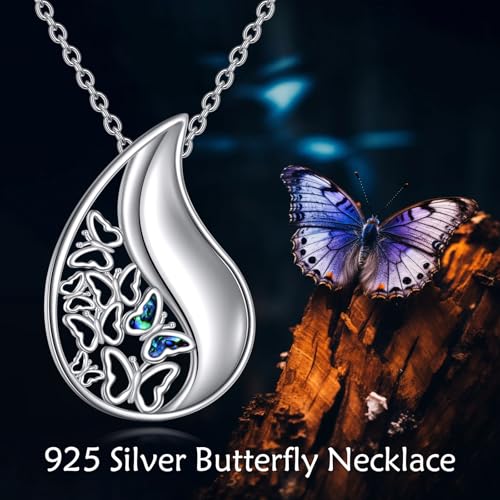 TIGRRIDER Butterfly Teardrop 925 Sterling Silver Urn Necklace for Ashes Elegant Keepsake Cremation Pendant Memorial Jewelry Gift for Women