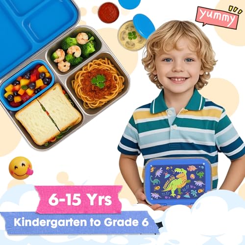 Stainless Steel Bento Box for Kids, 32oz/950ml BPA-Free Leak-Proof Lunch Box, 3-Compartment with 3 Food Containers, Size for Ages 6-15 Back to School Students Lunches B13. Dinosaur