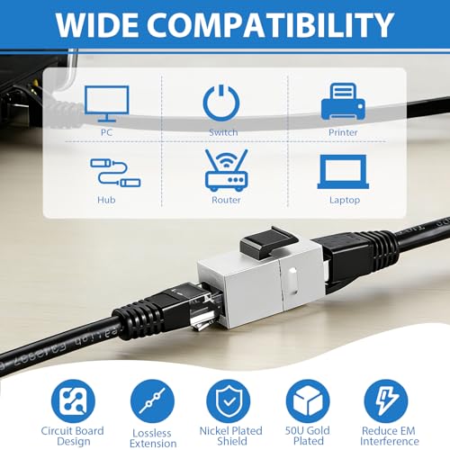Cat7 Keystone Module RJ45 Coupling Shielded - 10Gbps Keystone Jack Female to Female Ethernet Network Connector for Patch Panel LAN Cable Extension (Pack of 5, Silver)