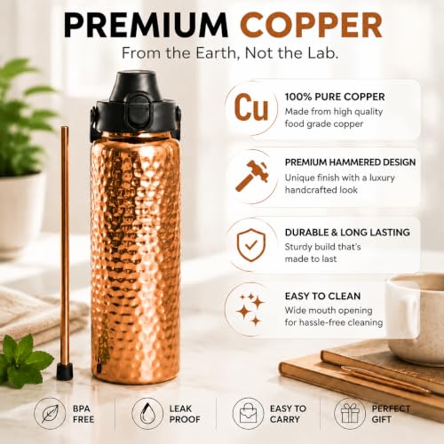 Kamojo Copper Water Bottle 32 oz, Push Button Lid, 100% Copper Cup, Straw & Insulating Sleeve for Drinking Water, Handcrafted Ayurvedic Design Black