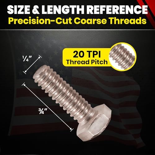 Chenango Supply 1/4-20 x 3/4 Stainless Steel Hex Head Bolts – 304 Stainless, USS Coarse Thread, 100,000–125,000 PSI Tensile Strength, Corrosion-Resistant Hardware Bolts, (100 Pieces, 1/4-20 x .75) 1/4" X 3/4"