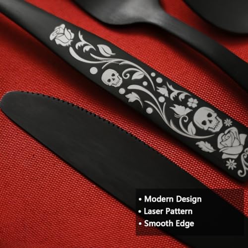 20-Piece Matte Black Silverware Set for 4, Skull Rose Cultery Set 18/0 Stain Finish Stainless Steel, Gothic Skeleton Pattern Decorative Flatware Set, Daily Halloween Party Event Serving For 4 20PCS
