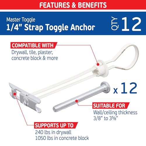 1/4" Heavy Duty Toggle-Bolt Strap Drywall Anchors (12 Pack) w/ 12 Steel Threaded Studs, 3/8" to 3-5/8" Grip Range, for 1/4"-20 Fastener Size, 240lb in 3/8-1/2" & 300lb in 5/8" Drywall Holding Strength