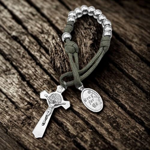 Nazareth Store Strong Military One Decade Paracord Rosary Silver Beads Pocket Car Rosary Pray For Us St. Joseph Medal & St. Benedict Cross Green