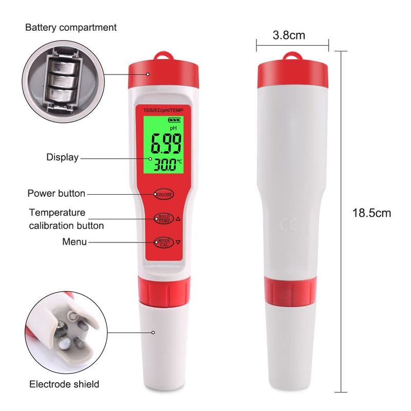 [Australia - AusPower] - 4 in 1 PH Meter Gomass 0.01 High Accuracy ph Tester Digital for Water TDS/EC/Temp/PH Pen 
