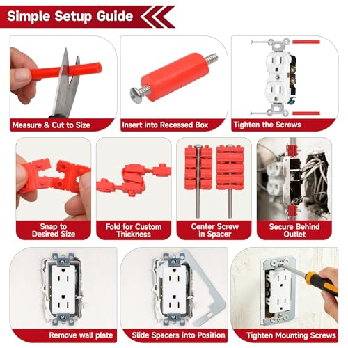 Grnheat 52-piece outlet spacer kit with red stackable spacers, metal shims, tubes, and long screws