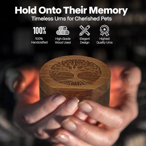 Small Wood Urn for Human & Pet Ashes Tree of Life Memorial Keepsake, Eco-Friendly Magnetic Cremation Urn for Dogs, Cats (3.5"x3.5"x2.5")
