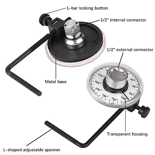 Car Rotary Protractor, Protractor with 0-360° Scale, Torsion Wrench 1/2 Inch with Adjustable Arm for Cylinder Head Screws Nuts