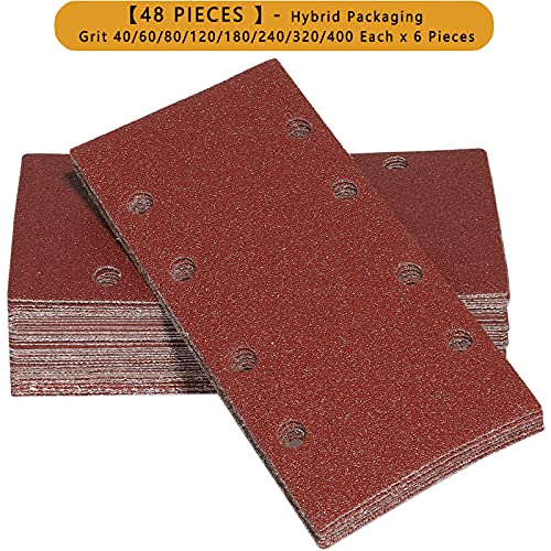 Stebruam 48-Piece Sandpaper Velcro 93 x 185 mm Grit 40-400 Sanding Sheet | Various grit 40/60/80/120/180/240/320/400 sandpaper Velcro set, 8 holes for wood, metal, varnish, paint 93 x 185 sheets of sandpaper grit mixed