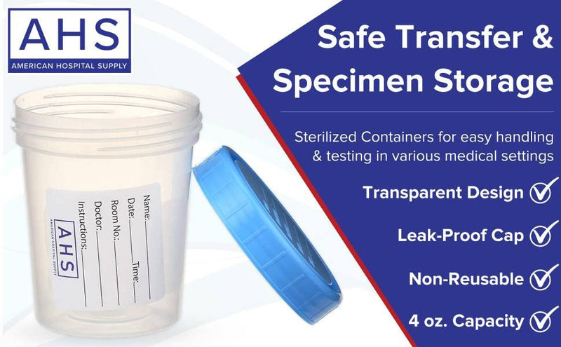 [Australia - AusPower] - AHS American Hospital Supply Sterile Specimen Cups | Sterile Urine Cups with Lids | Single-Use Urine Sample Containers with Screw On, Leak-Resistant Lid, (Pack of 10) 4 Oz. Pack of 10 