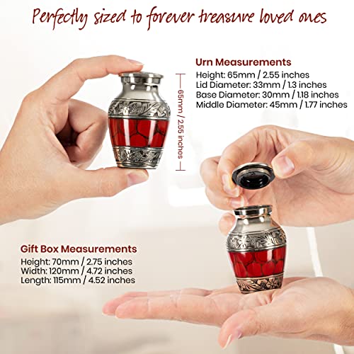 Small Keepsake Cremation Urns for Human Ashes with Velvet Heart Case and Funnel - Crimson : Deep Red Brass Hand Engraved Mini Memorial Urn Red/Crimson Small Keepsake Urn