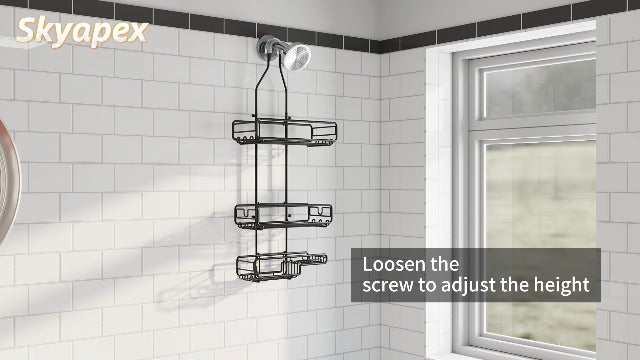 Skyapex Shower Caddy Hanging Bathroom Organizer: Over Head Adjustable Rack for Tall Showerhead - Extra Large Storage Shelf for Big Shampoo Bottles with Soap Holder Black