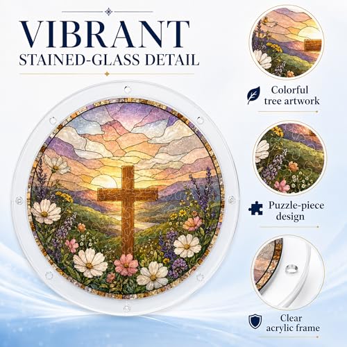 9.8 Inches Cross Stained Glass Suncatcher Puzzle, Christian Window Hanging Decor 9.8 in
