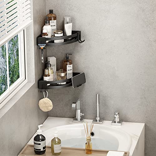 VOLPONE Corner Shower Caddy with Razor Holder Adhesive Shower Shelf Corner No Drilling Bathroom Corner Shower Organizer Storage Rack (2-Pack, Black) 2