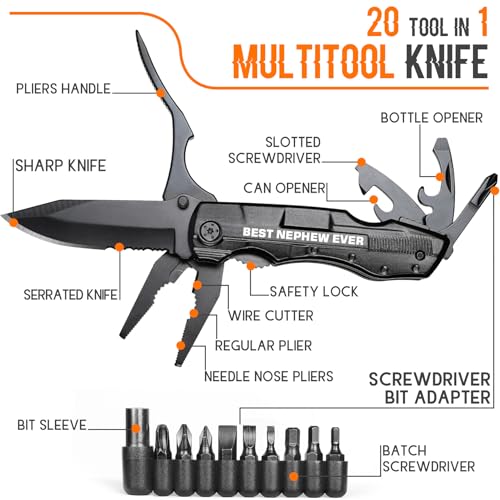 ONEAGE black 20-in-1 multitool knife with engraved “Best Nephew” message and 9-in-1 screwdriver set