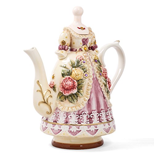 Large Ceramic Teapot and Coffee Pot with Lid, 3D Embossed Victoria Pink Rose Flowers Decorative Teapot(Red） Red