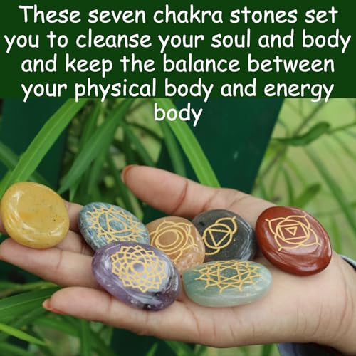 7 Chakra Flat Tumbled Stone Set – Reiki Healing Crystals for Meditation, Chakra Balancing, Energy Work, Yoga, Spiritual Gifts – Natural Gemstones Kit for Men & Women