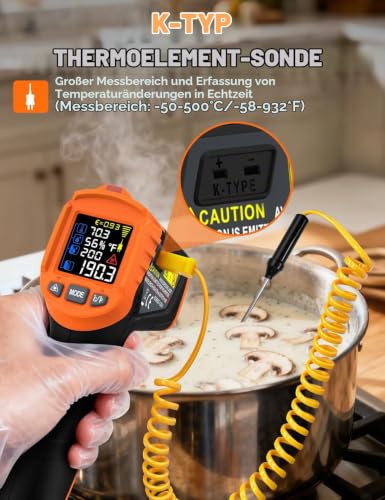 IM06MAX Digital Infrared Thermometer Laser -50°C to 800°C with K-Type Probe, IR Pyrometer Temperature Meter with Dew Point Detection for Industry, HVAC, Cooking & Car Repair