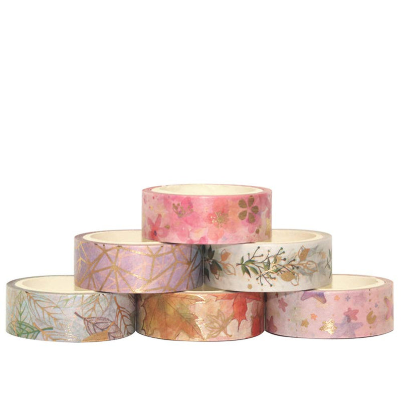 YUBBAEX Floral Gold Washi Tape Set 6 Rolls VSCO Foil Masking Tape Decorative for Arts, DIY Crafts, Journal Supplies, Planners, Scrapbook, Card/Gift Wrapping -15mm- (Romantic Flowers) Romantic Flowers