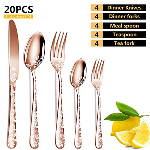 vilihkc 20 piece Unique Pattern Design Silverware Set, Stainless Steel Flatware Set Service for 4, Rose gold Cutlery Set, Mirror Polished Utensil Set for Kitchen, Dishwasher Safe