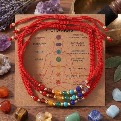 Colorful Healing Crystal Inspirational Seven Chakras Beaded Bracelets for Women,Adjustable Relaxation Energy Inner Peace Rope String Jewelry,Vacation FriendShip Gift 3Pcs Red