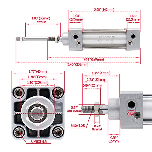Heschen Pneumatic Standard Cylinder, SC 32-50, PT1/8'' Port, 32mm Bore, 50mm Stroke, Single Rod Double Action