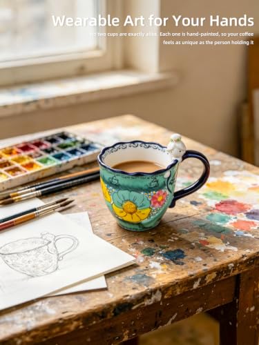 silesia 16 oz Hand Painted Ceramic Coffee Cup (Flowers Green) Flowers Green