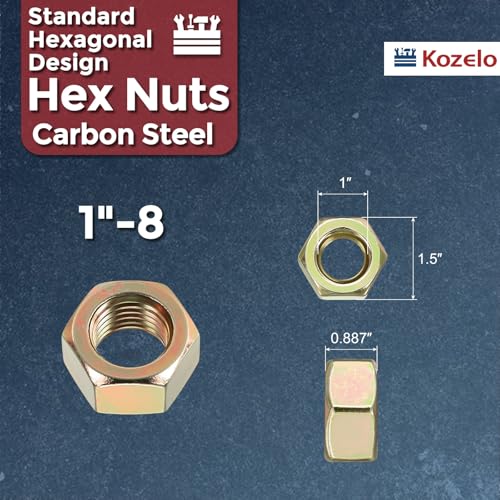 5pcs Hex Nuts 1"-8 Carbon Steel Coarse Thread Yellow Colored Zinc Yellow 5