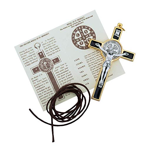 Vatican Imports St. Benedict Crucifix with Round St. Benedict Medal Inlay | 3" Gold-Tone and Black Enamel Cross with Cord and Booklet | Patron Saint of Students and Europe | Made in Italy