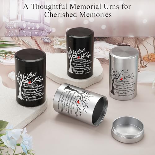 SOITIS Set of 4 Small Urns for Human Ashes Keepsake, 3.54 Inches Stainless Steel Mini Urns for Ashes, Cremation Urns for Women Men, Funeral Keepsake Burial Holder Black+silver
