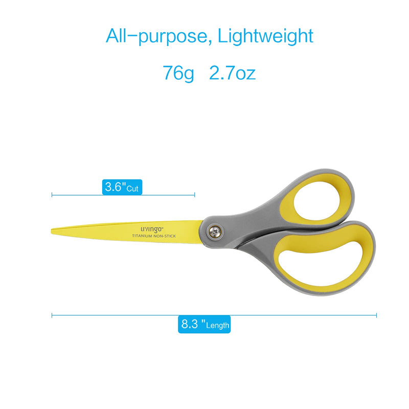 [Australia - AusPower] - LIVINGO 8" 2 Pack Scissors, Titanium Coated Sharp Stainless Steel Non-stick Scissors All Purpose, Comfort Grip Handles Shears for Office Home Supplies Crafting DIY Cutting Tape Adhesive General Use 2 Pack 8" Yellow/Grey 