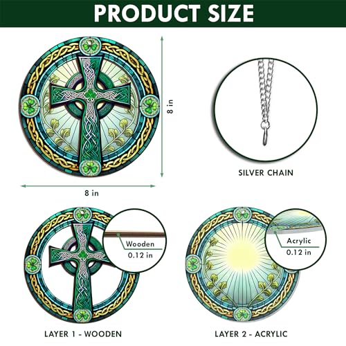 FLAGWIX Irish Gifts for Women, Celtic Cross Suncatcher Ornament 8 in Green - Celtic Cross